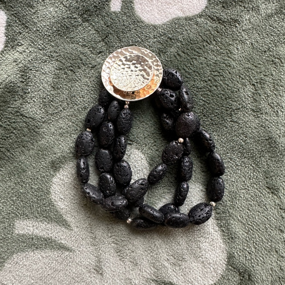 Silpada Black Lava Bead 3-Strand Bracelet with Hammered Button Toggle Clasp